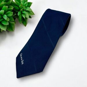 Vintage Oscar de la Renta Neck Tie Logo Navy Blue Repp 3x56" Poly‎ Silk USA Made
